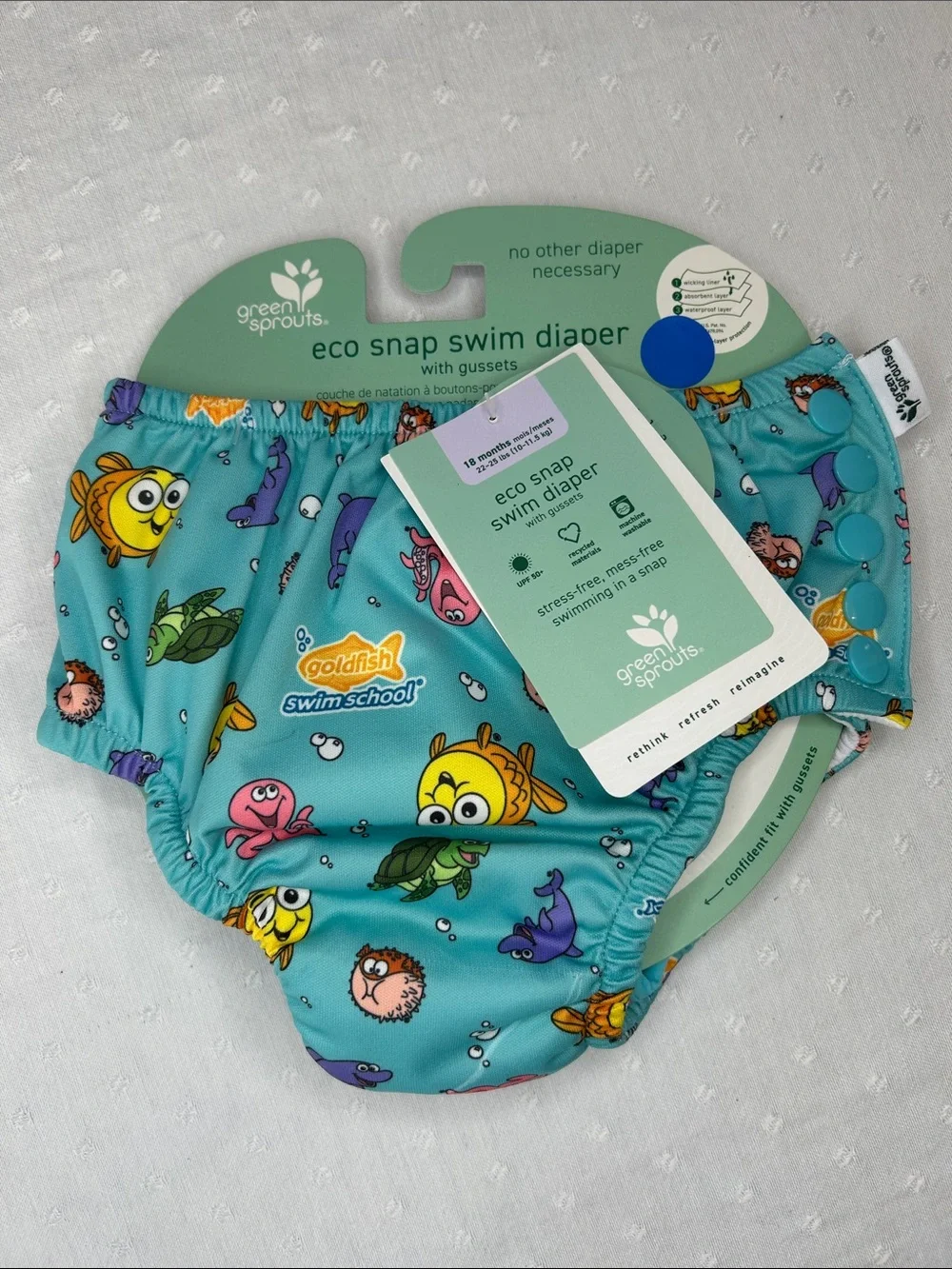 Green Sprouts Aqua Fish Print Eco friendly ocean Snap Swim Diaper with Gussets